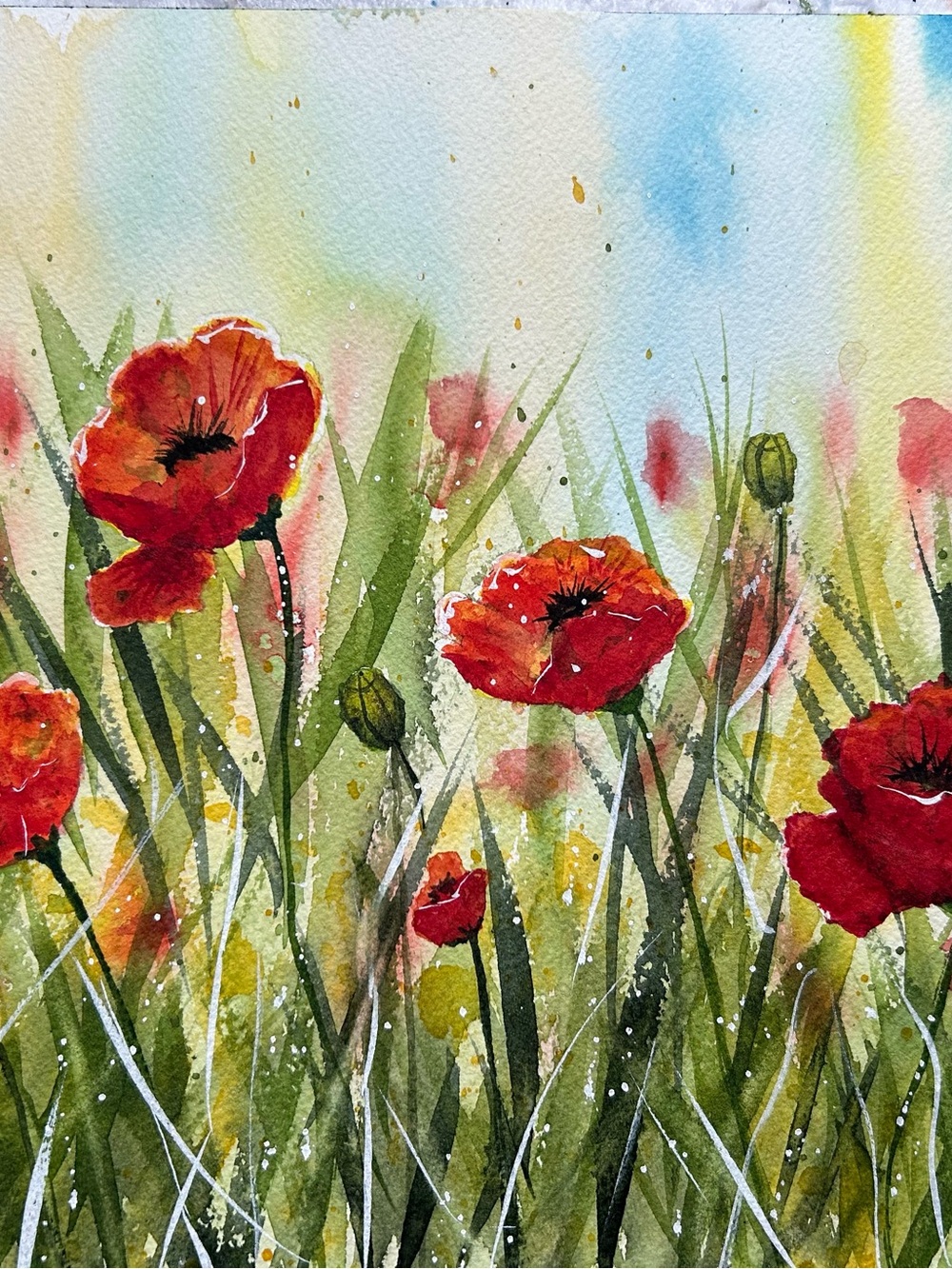 Red Poppy Field Watercolor Wall Art Print